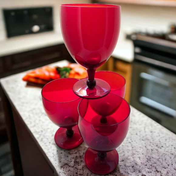 Ruby Red Wine Glass Set of 4 MCM Hand Blown Water/Wine Stemware Goblets - Picture 8 of 12